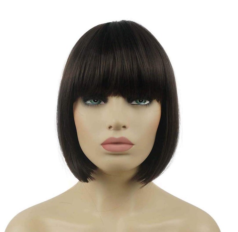 Lydell 8" Straight Short Bob Hair Flat Bangs Cute Central Dot Skin Top Heat Resistant Synthetic Wigs (6 Chestnut Brown) - Image 1